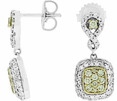 1.21CT WHITE & FANCY YELLOW DIAMOND 14K WHITE GOLD CLUSTER HANGING HALO EARRINGS