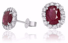 GIA 5.18CT DIAMOND & AAA RUBY 18KT WHITE GOLD 3D OVAL HALO FLOWER STUD EARRINGS