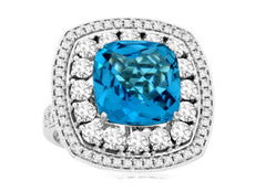 ESTATE LARGE 10.95CT DIAMOND & AAA BLUE TOPAZ 14K WHITE GOLD 3D DOUBLE HALO RING