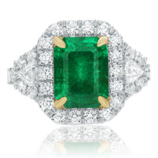 ESTATE LARGE 4.28CT DIAMOND & AAA EMERALD 18KT 2 TONE 3D 3 STONE ENGAGEMENT RING