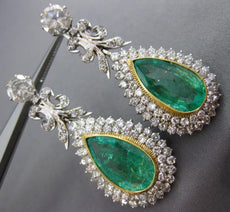 ANTIQUE LARGE 15.20CT OLD MINE DIAMOND & EMERALD 14K TWO TONE GOLD HALO EARRINGS