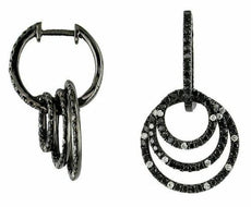 1.22CT WHITE & BLACK DIAMOND 14K WHITE GOLD 3D CIRCULAR JOURNEY HANGING EARRINGS