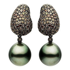 ESTATE LARGE 2.65CT MOCHA DIAMOND & AAA TAHITIAN PEARL 18KT BLACK GOLD EARRINGS