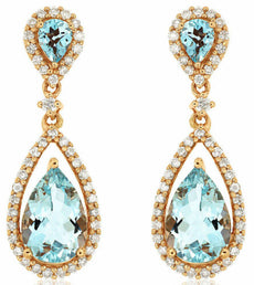 ESTATE 2.99CT DIAMOND & AAA AQUAMARINE 14K ROSE GOLD PEAR SHAPE HANGING EARRINGS