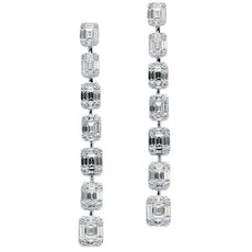 ESTATE 3.39CT ROUND & BAGUETTE DIAMOND 18K WHITE GOLD 3D SQUARE HANGING EARRINGS
