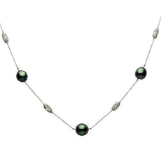 ESTATE .14CT DIAMOND & AAA TAHITIAN PEARL 14K WHITE GOLD BARREL TIN CUP NECKLACE