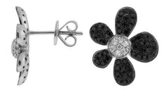 ESTATE .94CT WHITE & BLACK DIAMOND 14KT WHITE GOLD 3D FLOWER ROSE STUD EARRINGS