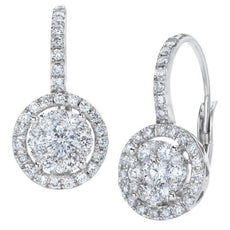 ESTATE .86CT DIAMOND 18KT WHITE GOLD CLASSIC CLUSTER LEVERBACK HANGING EARRINGS