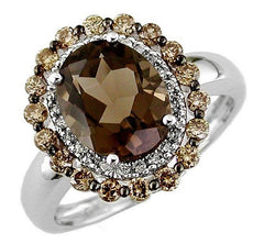 3.35CT WHITE & MOCHA DIAMOND & AAA SMOKY TOPAZ 14KT WHITE GOLD OVAL FLOWER RING