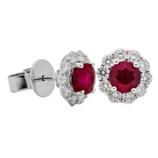 ESTATE 1.72CT DIAMOND & AAA RUBY 18KT WHITE GOLD 3D CLASSIC FLOWER STUD EARRINGS