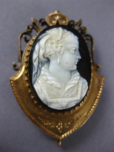 ANTIQUE LARGE LADY CAMEO 14KT YELLOW GOLD 3D FILIGREE VICTORIAN PENDANT BROOCH