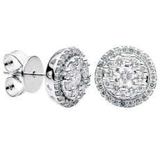 ESTATE .77CT DIAMOND 18KT WHITE GOLD 3D ROUND CLUSTER FLOWER HALO STUD EARRINGS