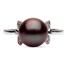 ESTATE .05CT DIAMOND & AAA TAHITIAN PEARL 14KT WHITE GOLD FLOWER BUTTERFLY RING