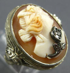 ANTIQUE WIDE .02CT ROSE CUT DIAMOND 14K WHITE GOLD FILIGREE OVAL LADY CAMEO RING