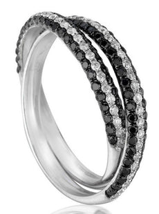 .95CT WHITE & BLACK DIAMOND 14KT WHITE GOLD DOUBLE INTERTWINING ANNIVERSARY RING