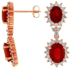 ESTATE 5.70CT DIAMOND & AAA EXTRA FACET RUBY 14K ROSE GOLD OVAL HANGING EARRINGS