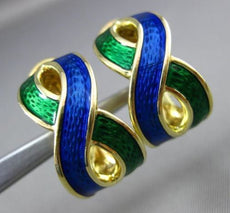 ESTATE 18KT YELLOW GOLD 3D BLUE & GREEN ENAMEL INFINITY CLIP ON EARRINGS #24673
