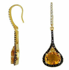 3.60CT WHITE & BLACK DIAMOND & AAA CITRINE 14K YELLOW GOLD OVAL HERSHEY EARRINGS
