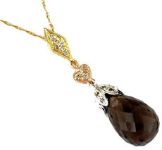 5.46CT DIAMOND & AAA SMOKY TOPAZ 14K TRI COLOR GOLD HEART TEAR DROP LOVE PENDANT