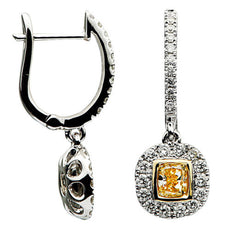 ESTATE 1.38CT WHITE & FANCY YELLOW DIAMOND 18KT 2 TONE GOLD 3D HANGING EARRINGS