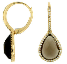 4.02CT DIAMOND & AAA SMOKY TOPAZ 14K YELLOW GOLD 3D PEAR SHAPE HANGING EARRINGS