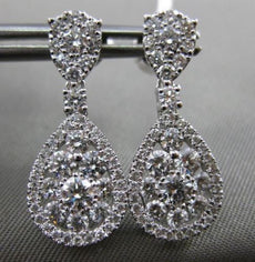 ESTATE 1.74CT DIAMOND 18K WHITE GOLD 3D PEAR SHAPE CLUSTER HALO HANGING EARRINGS