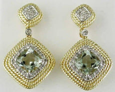 2.98CT DIAMOND & AAA GREEN AMETHYST 14K YELLOW GOLD HALO SQUARE HANGING EARRINGS