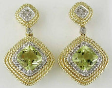 3.28CT DIAMOND & AAA GREEN AMETHYST 14K YELLOW GOLD CUSHION HALO ROPE EARRINGS