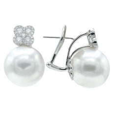 ESTATE LARGE .50CT DIAMOND & AAA SOUTH SEA PEARL 18KT WHITE GOLD FLOWER EARRINGS
