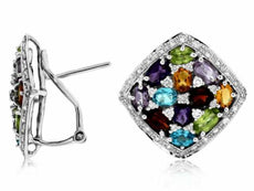 5.26CT DIAMOND & AAA MULTI GEM 14KT WHITE GOLD 3D FLOWER SQUARE CLIP ON EARRINGS