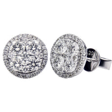 ESTATE LARGE 1.50CT DIAMOND 18KT WHITE GOLD 3D ROUND CLUSTER HALO STUD EARRINGS