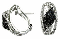 .88CT WHITE & BLACK DIAMOND 14KT WHITE GOLD 3D PAVE 3 ROW LEAF CLIP ON EARRINGS
