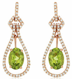 2.04CT DIAMOND & AAA PERIDOT 14KT ROSE GOLD 3D OVAL & ROUND TEAR DROP EARRINGS