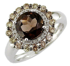 2.48CT WHITE & MOCHA DIAMOND & AAA SMOKY TOPAZ 14KT WHITE GOLD ROUND FLOWER RING