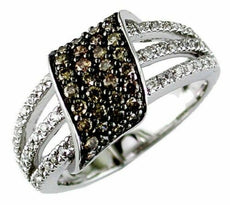 .79CT WHITE & CHOCOLATE FANCY DIAMOND 14K WHITE GOLD 3D 3 ROW LEAF PAVE FUN RING