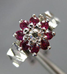 ANTIQUE .60CT OLD MINE DIAMOND & AAA RUBY 14KT WHITE GOLD 3D FLOWER RING #21685
