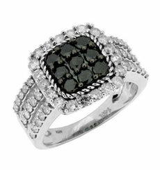 2.0CT WHITE & BLACK DIAMOND 14K WHITE GOLD 3D CLUSTER SQUARE HALO ROPE LOVE RING
