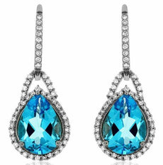 4.60CT DIAMOND & AAA BLUE TOPAZ 14KT WHITE GOLD PEAR SHAPE HALO HANGING EARRINGS
