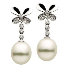 ESTATE .22CT DIAMOND & AAA SOUTH SEA PEARL 14K WHITE GOLD 3D BUTTERFLY EARRINGS