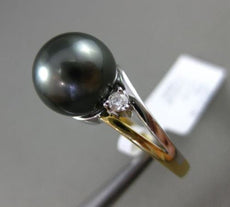 ESTATE LARGE .05CT DIAMOND 18KT TWO TONE GOLD TAHITIAN PEARL 3D SOLITAIRE RING