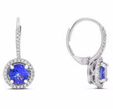 1.76CT DIAMOND & AAA TANZANITE 14KT WHITE GOLD HALO LEVERBACK HANGING EARRINGS