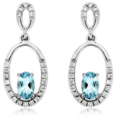 ESTATE .60CT DIAMOND & AAA AQUAMARINE 14KT WHITE GOLD 3D OVAL HANGING EARRINGS