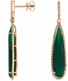 DIAMOND & AAA GREEN AGATE 14KT ROSE GOLD ELONGATED TEAR DROP HANGING EARRINGS