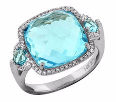 ESTATE LARGE 9.77CT DIAMOND & AAA BLUE TOPAZ 14KT WHITE GOLD 3D SQUARE HALO RING