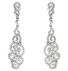 ESTATE LARGE 1.95CT DIAMOND 14KT WHITE GOLD 3D OPEN FILIGREE HANGING EARRINGS
