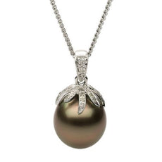 ESTATE .18CT DIAMOND & AAA TAHITIAN PEARL 14KT WHITE GOLD 3D MULTI LEAF PENDANT