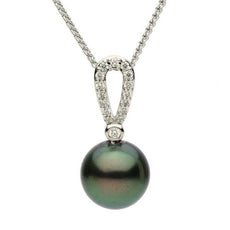ESTATE .15CT DIAMOND & AAA TAHITIAN PEARL 14K WHITE GOLD BEZEL TEAR DROP PENDANT