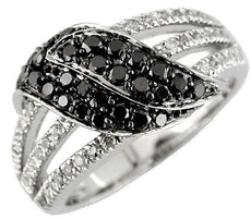 .90CT WHITE & BLACK DIAMOND 14KT WHITE GOLD 3D PAVE LOVE KNOT DOUBLE LEAF RING