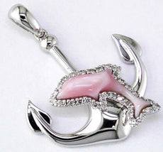 .14CT DIAMOND & AAA MOTHER OF PEARL 14KT WHITE GOLD HAPPY DOLPHIN ANCHOR PENDANT