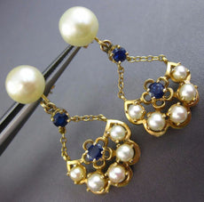 ESTATE LARGE .75CT AAA SAPPHIRE & PEARL 14KT YELLOW GOLD FLOWER HANGING EARRINGS
